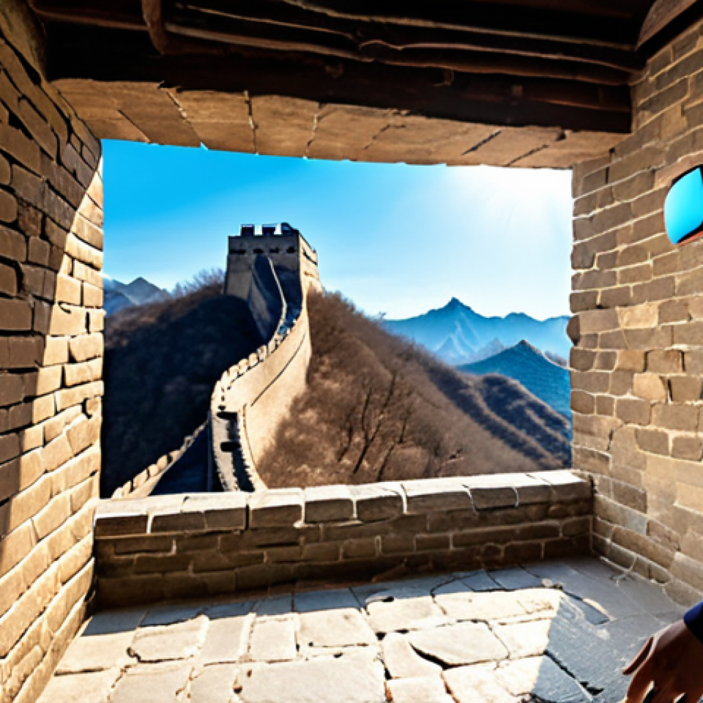 **

Prompt: A person wearing a VR headset, seemingly walking along the Great Wall of China. The person is in a living room, blending the real and virtual worlds. Sunlight streams through the window, illuminating dust motes in the air. Focus on the immersive experience and the democratization of travel. Consider adding subtle haptic feedback suit elements for added realism.

**