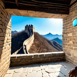 **

Prompt: A person wearing a VR headset, seemingly walking along the Great Wall of China. The person is in a living room, blending the real and virtual worlds. Sunlight streams through the window, illuminating dust motes in the air. Focus on the immersive experience and the democratization of travel. Consider adding subtle haptic feedback suit elements for added realism.

**