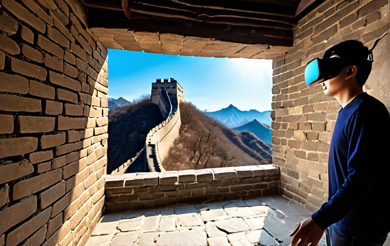 **

Prompt: A person wearing a VR headset, seemingly walking along the Great Wall of China. The person is in a living room, blending the real and virtual worlds. Sunlight streams through the window, illuminating dust motes in the air. Focus on the immersive experience and the democratization of travel. Consider adding subtle haptic feedback suit elements for added realism.

**