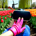 **A person wearing a VR headset and haptic gloves, reaching out to touch a virtual object. The background shows a photorealistic VR environment of the Keukenhof gardens in full bloom, with vibrant tulips and windmills.** (Focus: Hyperrealistic VR experience, haptic technology, Dutch setting)