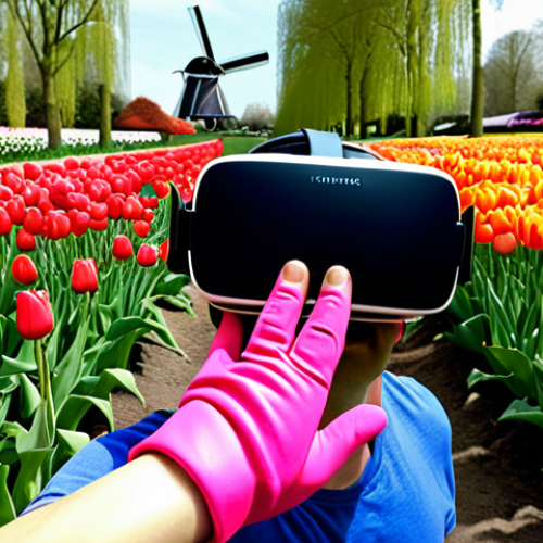 **A person wearing a VR headset and haptic gloves, reaching out to touch a virtual object. The background shows a photorealistic VR environment of the Keukenhof gardens in full bloom, with vibrant tulips and windmills.** (Focus: Hyperrealistic VR experience, haptic technology, Dutch setting)
