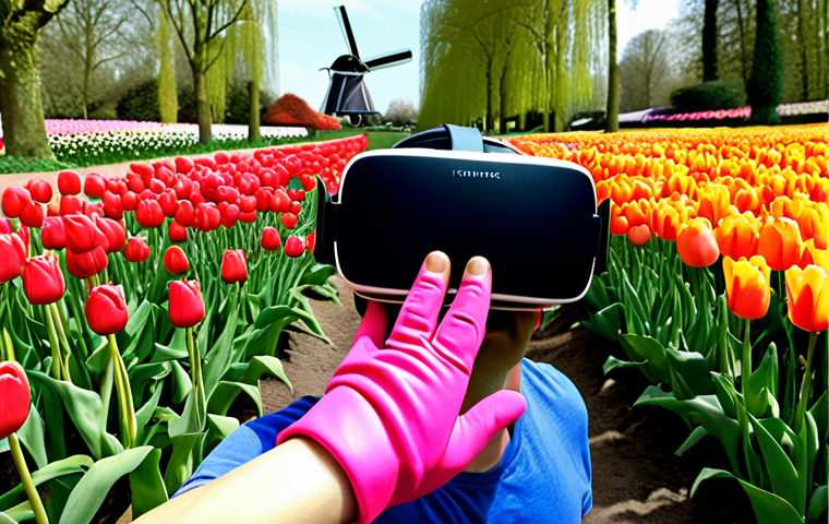 **A person wearing a VR headset and haptic gloves, reaching out to touch a virtual object. The background shows a photorealistic VR environment of the Keukenhof gardens in full bloom, with vibrant tulips and windmills.** (Focus: Hyperrealistic VR experience, haptic technology, Dutch setting)