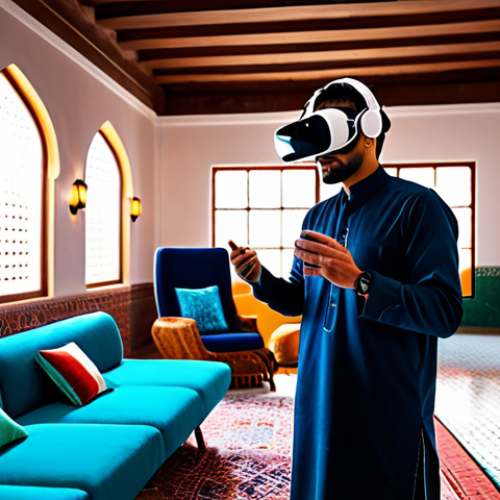 An individual in a professional yet comfortable, fully clothed, modest attire, wearing a sleek virtual reality headset and advanced haptic feedback gloves. The scene seamlessly blends a modern, subtly lit living room with a vibrant, bustling Moroccan souk filled with rich textiles, diffused sunlight, and subtle hints of exotic aromas. The focus is on the immersive sensory experience provided by the technology. High-resolution, professional photography, realistic lighting, perfect anatomy, correct proportions, natural pose, well-formed hands, proper finger count, natural body proportions, safe for work, appropriate content, fully clothed, family-friendly.