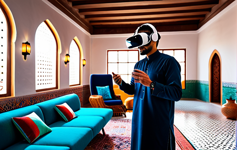 An individual in a professional yet comfortable, fully clothed, modest attire, wearing a sleek virtual reality headset and advanced haptic feedback gloves. The scene seamlessly blends a modern, subtly lit living room with a vibrant, bustling Moroccan souk filled with rich textiles, diffused sunlight, and subtle hints of exotic aromas. The focus is on the immersive sensory experience provided by the technology. High-resolution, professional photography, realistic lighting, perfect anatomy, correct proportions, natural pose, well-formed hands, proper finger count, natural body proportions, safe for work, appropriate content, fully clothed, family-friendly.